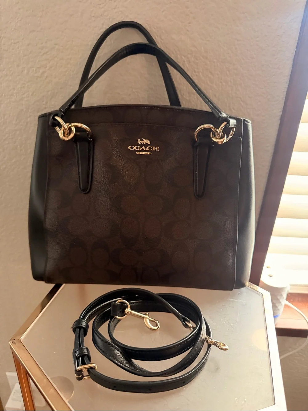 COACH Brown and Black Signature Satchel with Gold Hardware